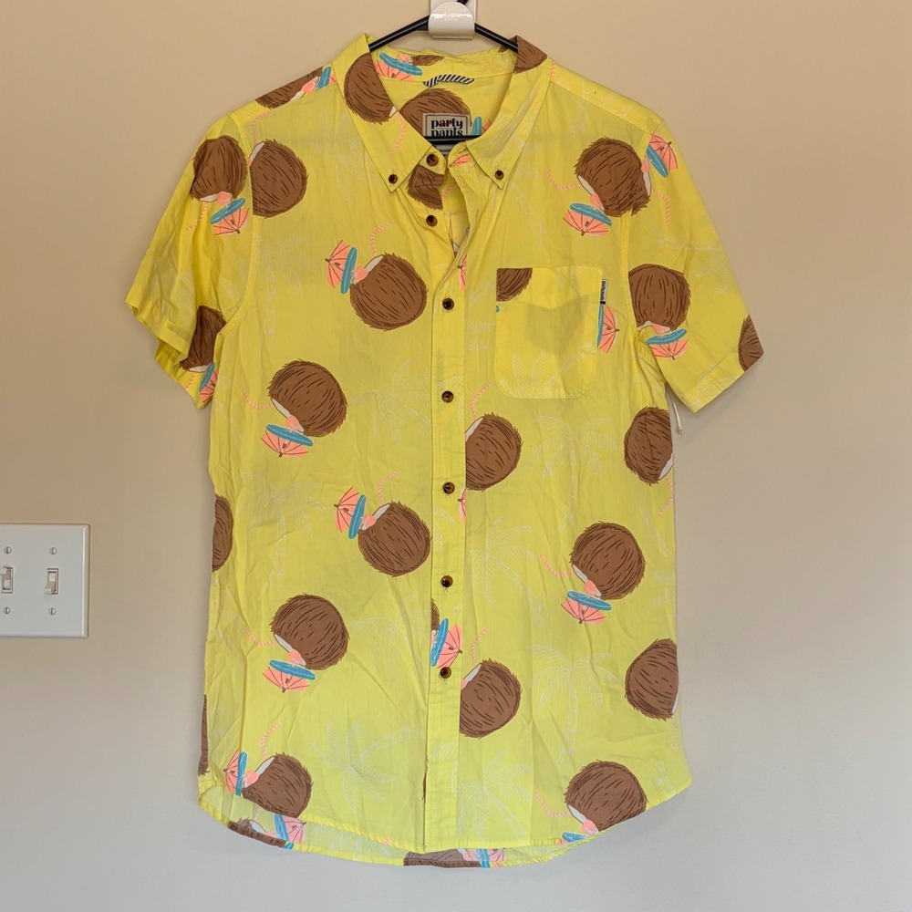 Party Pants Yellow Tropical Coconut Umbrella Drink Casual Button Down Shirt MED